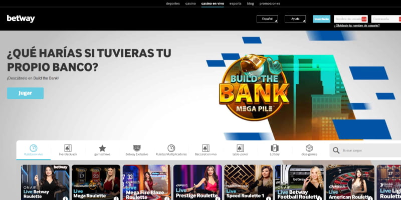 Sección de casino Betway en vivo